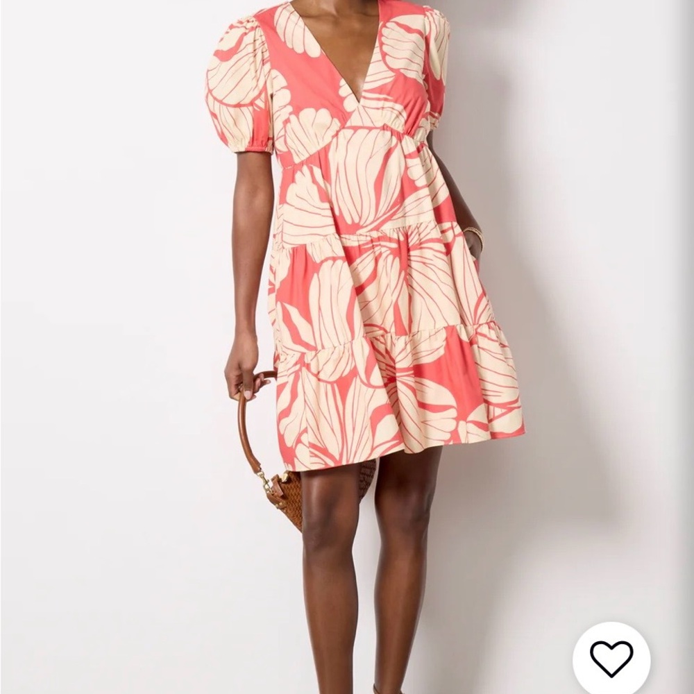 Hutch Evereve short sleeve Coral and Cream Floral V-Neck Dress small 100% cotton - Picture 3 of 8